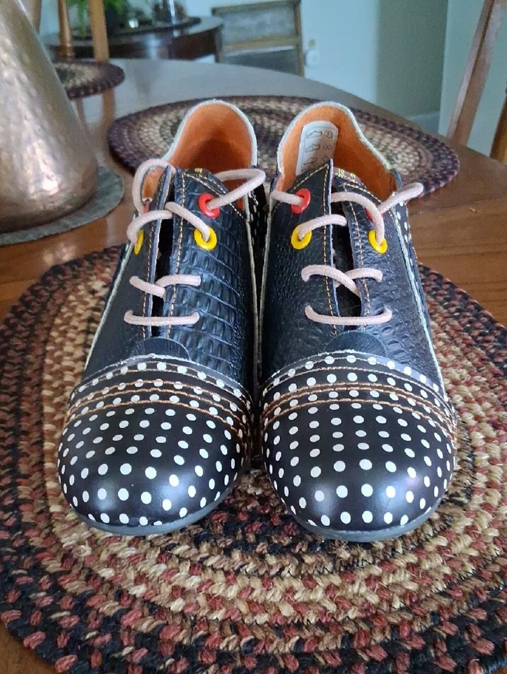 Black Polka Dot Lace-Up Low Heels with Colorful Eyelets Leather Sz. 10